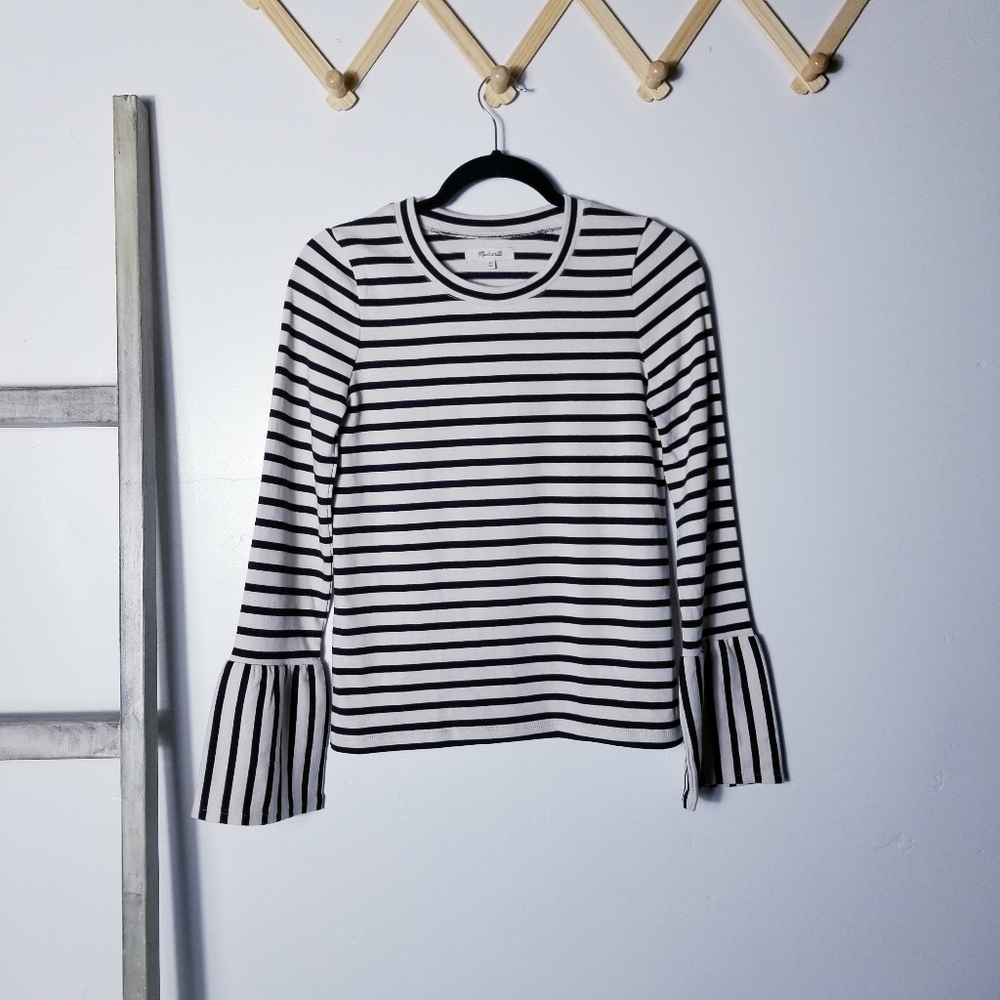 MADEWELL CREAM WITH DARK NAVY STRIPES BELL ON END OF SLEEVES SIZE XS